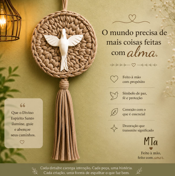 Peça em macramê com pomba, símbolo de paz e fé